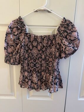 BB Dakota Black and Pink Smocked Puff Sleeve Floral Blouse